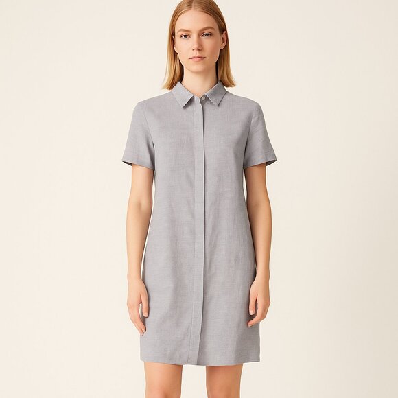 Theory Linen Gray Blue Button Down Short Sleeve Mini Shirt Dress Spring Summer S - Picture 1 of 13